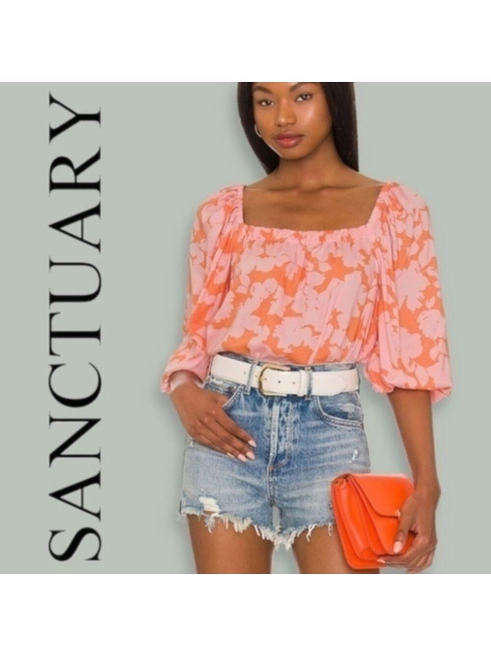 SANCTUARY Spring Square-Neck Elbow-Length Puff Sleeve Rayon Top/Blouse NWT-Md